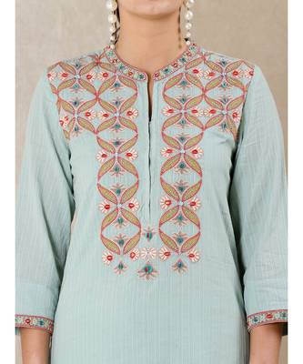 Band Collar Neck 3/4 Sleeves Embroidered Kurta With Pants And Dupatta 5