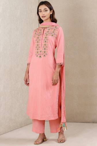 Band Collar Neck 3/4 Sleeves Embroidered Kurta With Pants And Dupatta