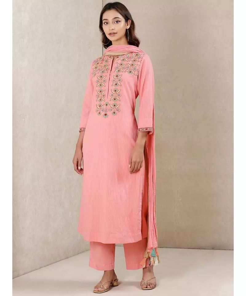 Band Collar Neck 3/4 Sleeves Embroidered Kurta With Pants And Dupatta