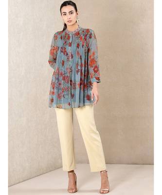 Dusty Blue Floral Print Kurti 1