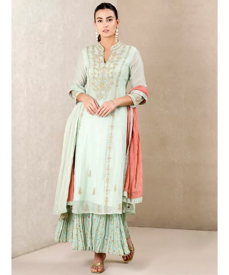 Mint Embroidered Chanderi Kurta With Sharara And Dupatta