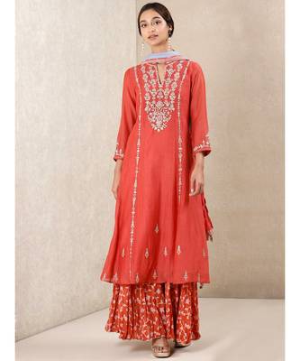 Coral Embroidered Chanderi Kurta With Sharara And Dupatta 1