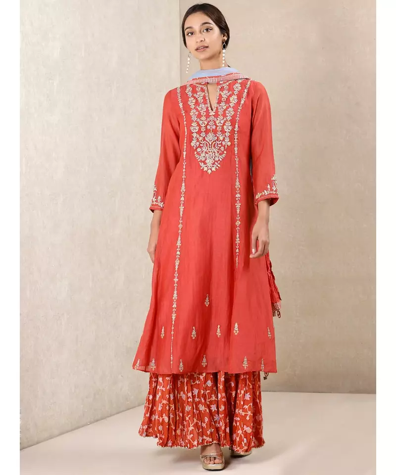 Coral Embroidered Chanderi Kurta With Sharara And Dupatta
