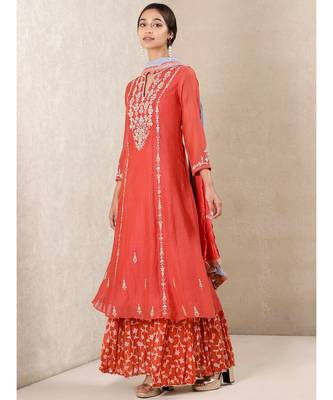 Coral Embroidered Chanderi Kurta With Sharara And Dupatta 2