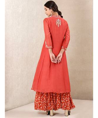 Coral Embroidered Chanderi Kurta With Sharara And Dupatta 3