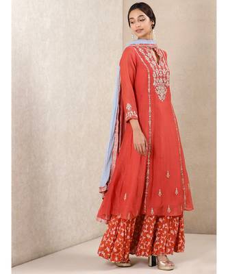 Coral Embroidered Chanderi Kurta With Sharara And Dupatta 4