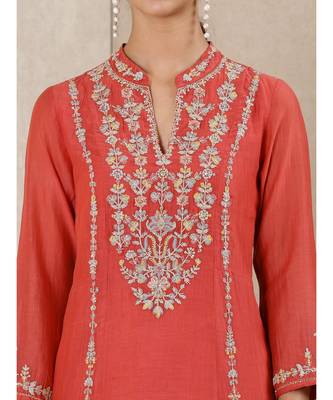 Coral Embroidered Chanderi Kurta With Sharara And Dupatta 5