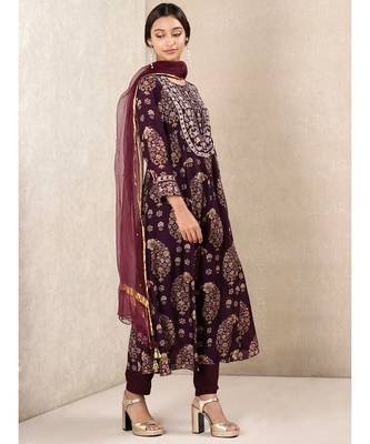 Purple Printed Kurta With Pant And Dupatta 4