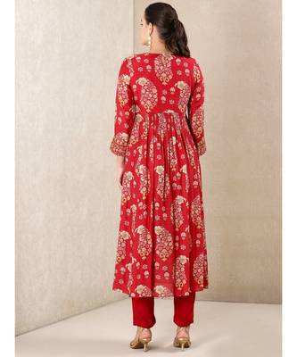 Red Printed Kurta With Pant And Dupatta 3