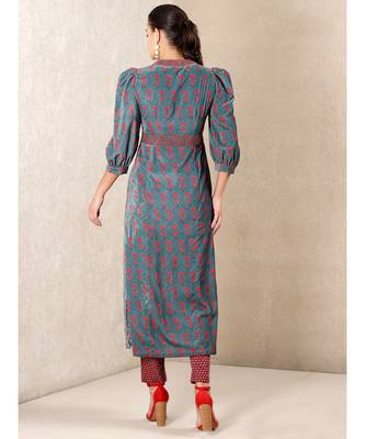 Teal Printed Velvet Kurta With Pant by RITU KUMAR 3