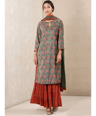 Green Printed Velvet Kurta With Sharara And Dupatta 1