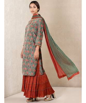 Green Printed Velvet Kurta With Sharara And Dupatta 2