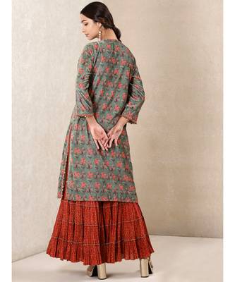 Green Printed Velvet Kurta With Sharara And Dupatta 3