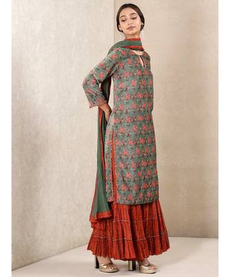 Green Printed Velvet Kurta With Sharara And Dupatta 4