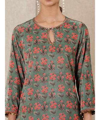 Green Printed Velvet Kurta With Sharara And Dupatta 5