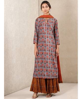 Grey Printed Velvet Kurta With Sharara And Dupatta by RITU KUMAR 1