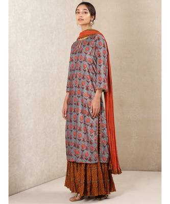 Grey Printed Velvet Kurta With Sharara And Dupatta by RITU KUMAR 2