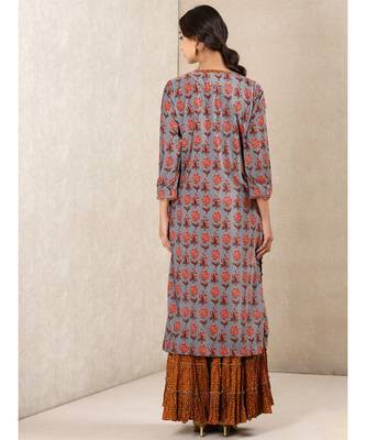 Grey Printed Velvet Kurta With Sharara And Dupatta by RITU KUMAR 3