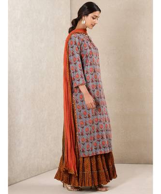 Grey Printed Velvet Kurta With Sharara And Dupatta by RITU KUMAR 4