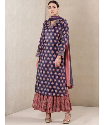 Dark Purple Printed Velvet Kurta With Sharara And Dupatta 1