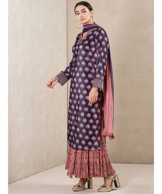 Dark Purple Printed Velvet Kurta With Sharara And Dupatta 2