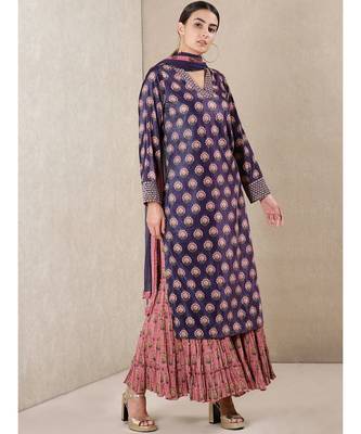 Dark Purple Printed Velvet Kurta With Sharara And Dupatta 4