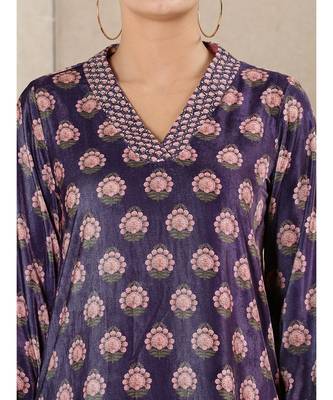 Dark Purple Printed Velvet Kurta With Sharara And Dupatta 5