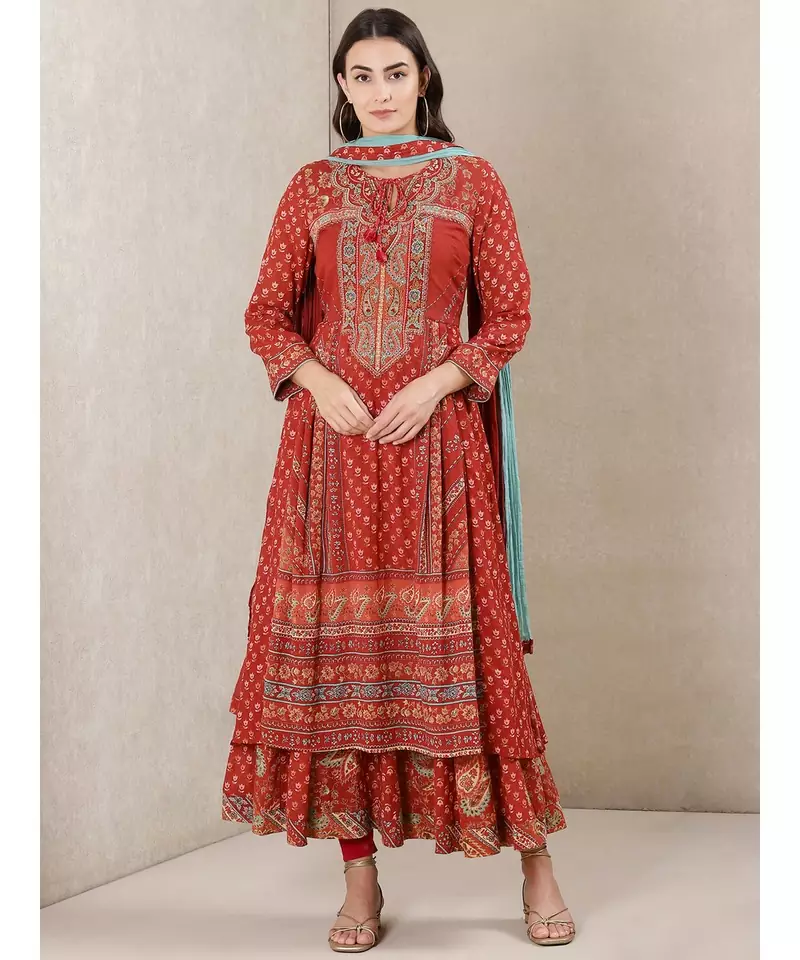 Rust Printed Kurta With Legging And Dupatta