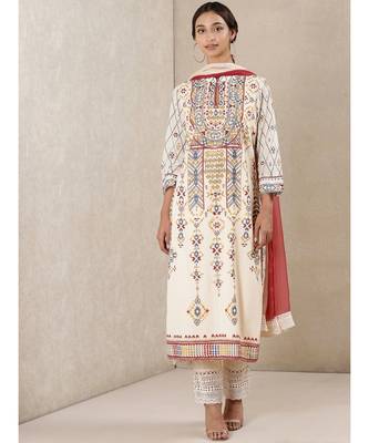Off White Printed Kurta With Pant And Dupatta 1