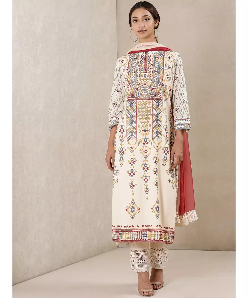 Off White Printed Kurta With Pant And Dupatta
