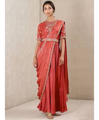 Coral Embroidered Chanderi Kurta With Dupatta And Belt 1