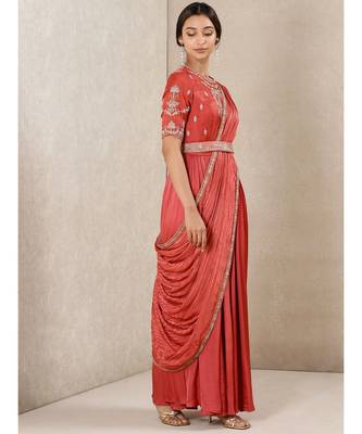 Coral Embroidered Chanderi Kurta With Dupatta And Belt 4