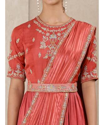 Coral Embroidered Chanderi Kurta With Dupatta And Belt 5