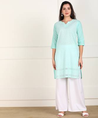 Turquoise embroidered cotton chikankari-kurtis 1