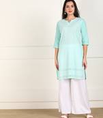 Turquoise embroidered cotton chikankari-kurtis