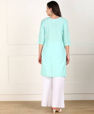 Turquoise embroidered cotton chikankari-kurtis 2