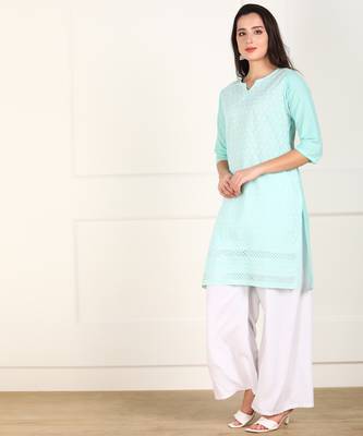 Turquoise embroidered cotton chikankari-kurtis 3