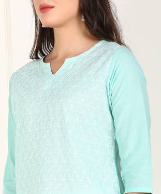 Turquoise embroidered cotton chikankari-kurtis 4