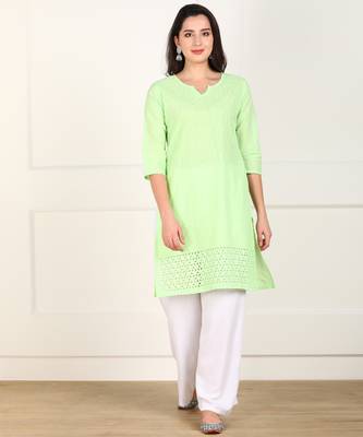 Green embroidered cotton chikankari-kurtis 1