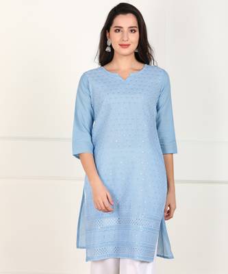 Blue embroidered cotton chikankari-kurtis 1