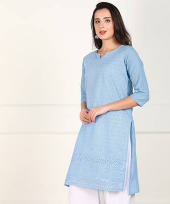 Blue embroidered cotton chikankari-kurtis 3