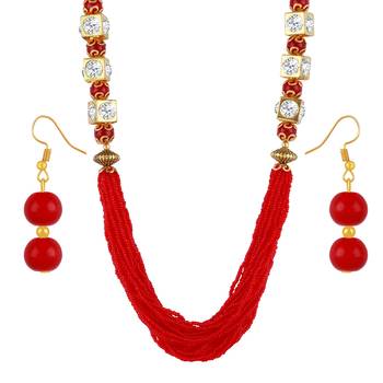 Red Multi Layer Pearl Mala Necklace Set For Women And Girls 2