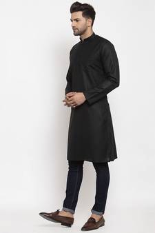 Men Black Cotton Solid Straight Kurta