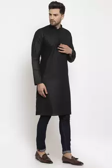 Men Black Cotton Solid Straight Kurta