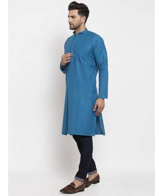 Men Blue Cotton Solid Straight Kurta 1