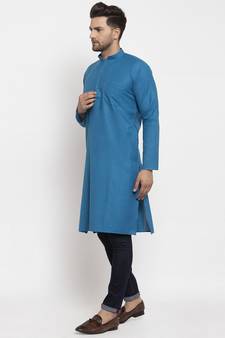Men Blue Cotton Solid Straight Kurta