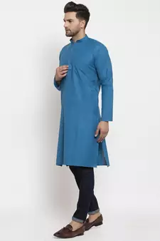 Men Blue Cotton Solid Straight Kurta