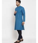 Men Blue Cotton Solid Straight Kurta