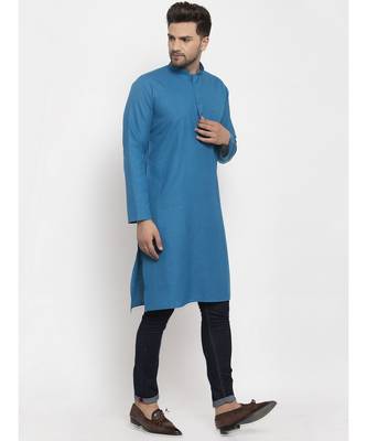 Men Blue Cotton Solid Straight Kurta 2
