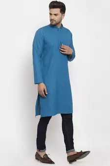 Men Blue Cotton Solid Straight Kurta